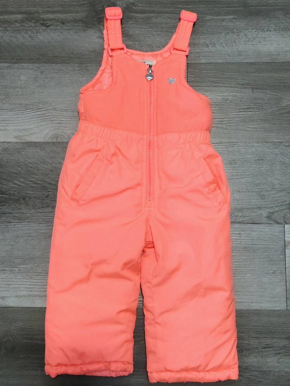 OshKosh B'gosh Coral Pink Insulated Snow Overalls Silver Heart Accents 18M
